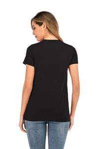 Rückansicht eines schmal geschnittenen schwarzen Still-T-Shirts für Damen mit Kurzarm