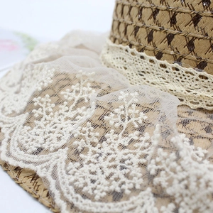 Detail of hand-woven straw hat featuring intricate white lace floral embroidery on the brim