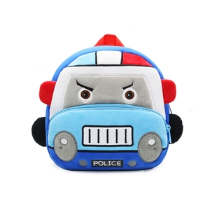 Cute blue cartoon police car plush backpack for kindergarten toddlers aged 2-4 years