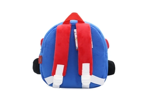 Detail of plush car backpack showing soft blue fabric and adjustable red shoulder straps