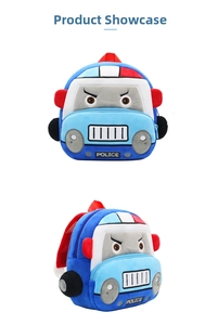 Detailed embroidery of a plush cartoon police car backpack for toddlers with blue straps