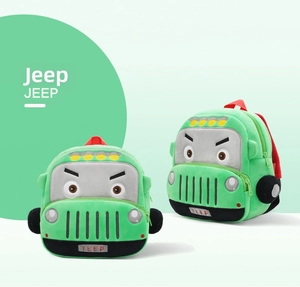 Detail of green cartoon jeep plush backpack with embroidered grille and soft fabric texture