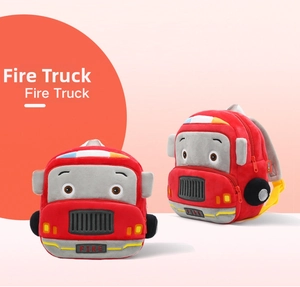Front and side view of soft plush red fire truck backpack for toddlers with FIRE text