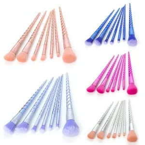 Detailed set of 10 unicorn spiral handle makeup brushes with gradient bristles in 5 colors