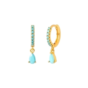 Elegant gold earrings with turquoise stone circles and pear-shaped drop pendants