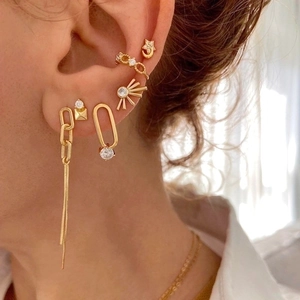 S925 silver needle gold earrings set with zircon sun star moon and tassel studs