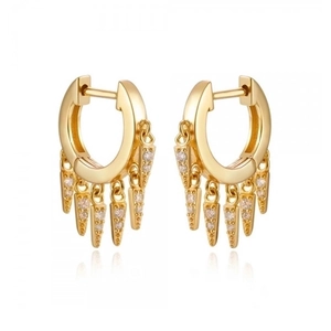 18K gold-plated hoop earrings with five crystal spike tassels in a front-facing symmetrical view