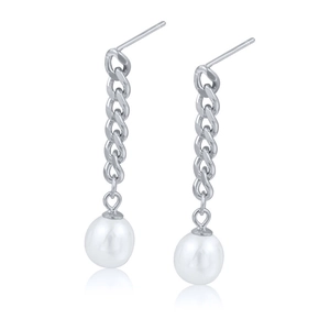 Elegant silver chain drop earrings with white pearls on a clean reflective surface