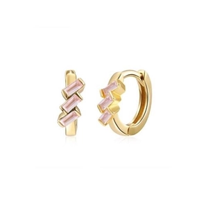 Detail of gold-plated hoop earrings featuring baguette-cut pink zircon in geometric setting