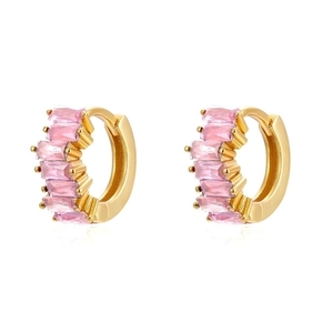 S925 silver needle pink baguette crystal hoop earrings with polished gold plating