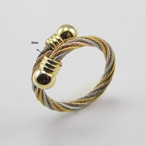 Three-tone 8mm stainless steel cable bracelet in gold, silver, and rose gold finish