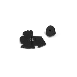 Enamel pin back view featuring black metal finish and durable rubber clutch closure
