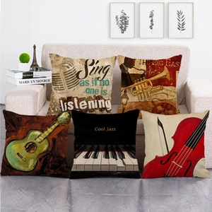 Retro jazz music theme linen cushion covers with vintage instrument prints on sofa