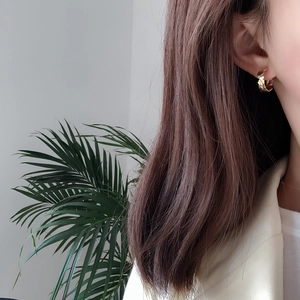 Minimalist S925 sterling silver golden irregular earrings on model with palm leaf background