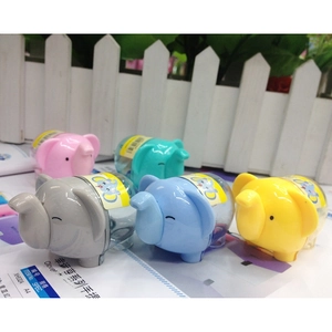 Colorful elephant-shaped pencil sharpeners in pink, green, blue, and yellow plastic