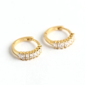 Elegant gold S925 silver hoop earrings featuring rectangular white zircon stones