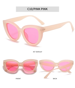 Detailed view of matte pink cat-eye sunglasses with transparent pink lenses from three angles