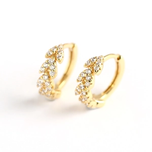 Luxurious S925 sterling silver golden huggie hoop earrings with leaf zircon inlay