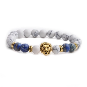 8mm white turquoise and blue imperial stone lion head beaded bracelet for men