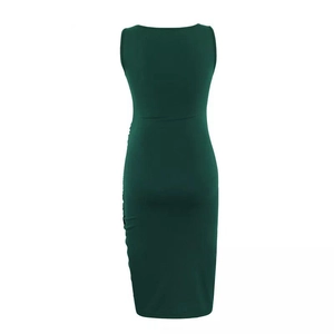 Rear view of dark green sleeveless bodycon maternity dress with irregular hemline