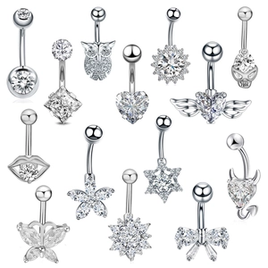 Polished stainless steel belly rings set with various heart and animal zircon charms