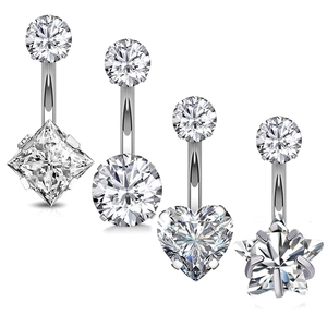 Silver stainless steel belly button ring set with heart and star zircon dangles