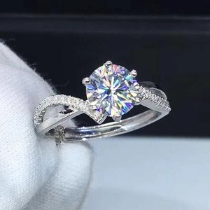 Women Engagement Ring Copper Round Cubic Zirconia Six Prong Setting Micro Pave Twisted Band White Gold Plated