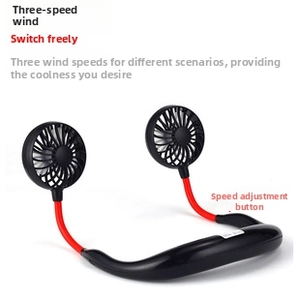 Detail of a portable neck fan with black body and red flexible arms showing 3-speed buttons