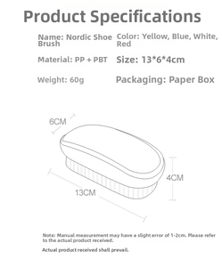 Detailed size chart for the Nordic shoe brush with 13x6x4 cm dimensions and PP material