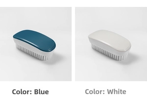 Close-up of dual-color bristles and round ergonomic handles on plastic laundry brushes