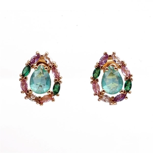 Luxurious gold-plated drop earrings featuring pear-shaped blue and colorful zircon stones