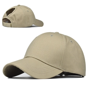 Macro view of khaki cotton ponytail baseball cap featuring V-shape opening and velcro strap
