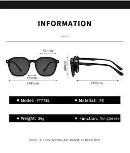 Detailed size chart of black PC sunglasses with frame dimensions and product specifications