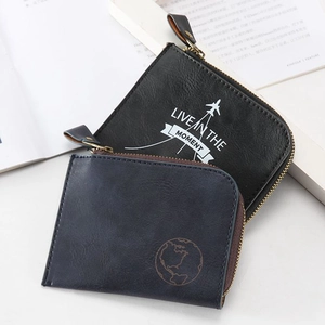 Square PU leather zipper coin purse with aircraft print and minimalist L-shaped metal closure