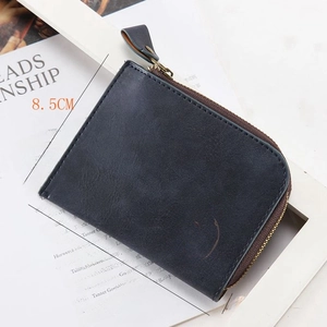 Detail view of square PU leather wallet with zipper showing 11cm x 8.5cm x 1cm size dimensions