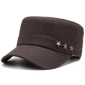 Detail of dark brown cotton cadet cap with three silver star metal rivet decorations
