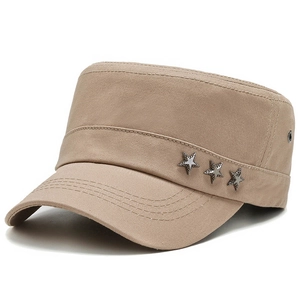 Detail of khaki cadet cap featuring three silver star studs and metal air vents on the side