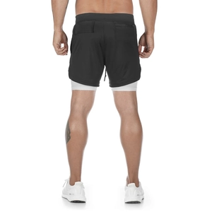 Rear view of men's two-in-one sports shorts featuring black outer layer and white liner