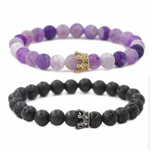 Beaded Bracelets Natural Volcanic Stone Agate Beads With Copper Alloy Zircon Crown Charm Elastic Jewelry Fashion Gift