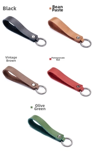 Detail view of genuine leather keychains in five colors with metal rivets and rings
