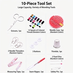 Portable 10-piece sewing kit with 14 colorful thread spools and metal scissors