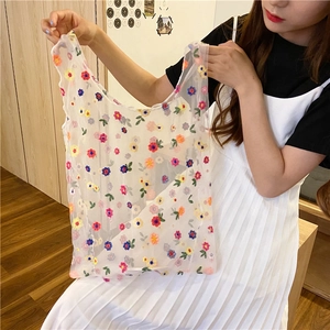 Floral embroidered sheer mesh tote bag for women with colorful summer flower patterns