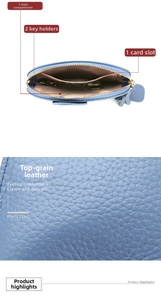 Internal view of blue lychee leather coin purse with double keychains and card slot