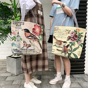 Ethnic style large canvas shoulder bags featuring vintage bird and flower prints