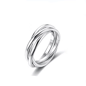 Polished silver triple interlocking rings in titanium steel shown on white background