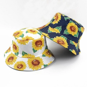 Sunflower Print Bucket Hat Reversible Cotton Canvas Wide Brim Sun Protection Fisherman Cap Floral Summer Outdoor Accessory