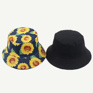 Double-sided reversible sun hat with sunflower print and solid black cotton canvas