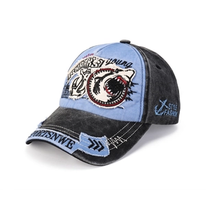Vintage washed canvas baseball cap featuring shark embroidery and distressed details