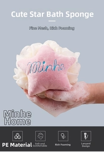 Pink star-shaped bath sponge showing rich foam lathering from soft PE mesh material