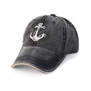 Washed denim baseball cap with silver anchor embroidery and vintage grey finish